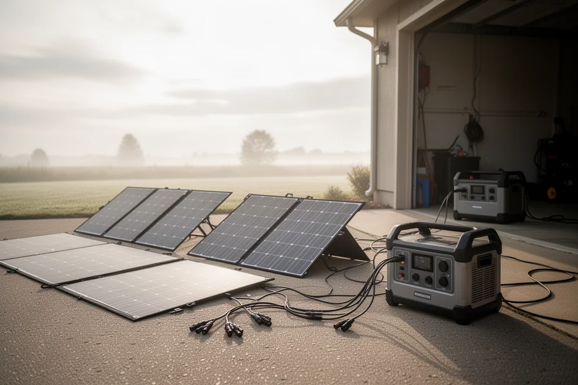 Zonnepanelen verbonden met een powerstation op een zonnige oprit