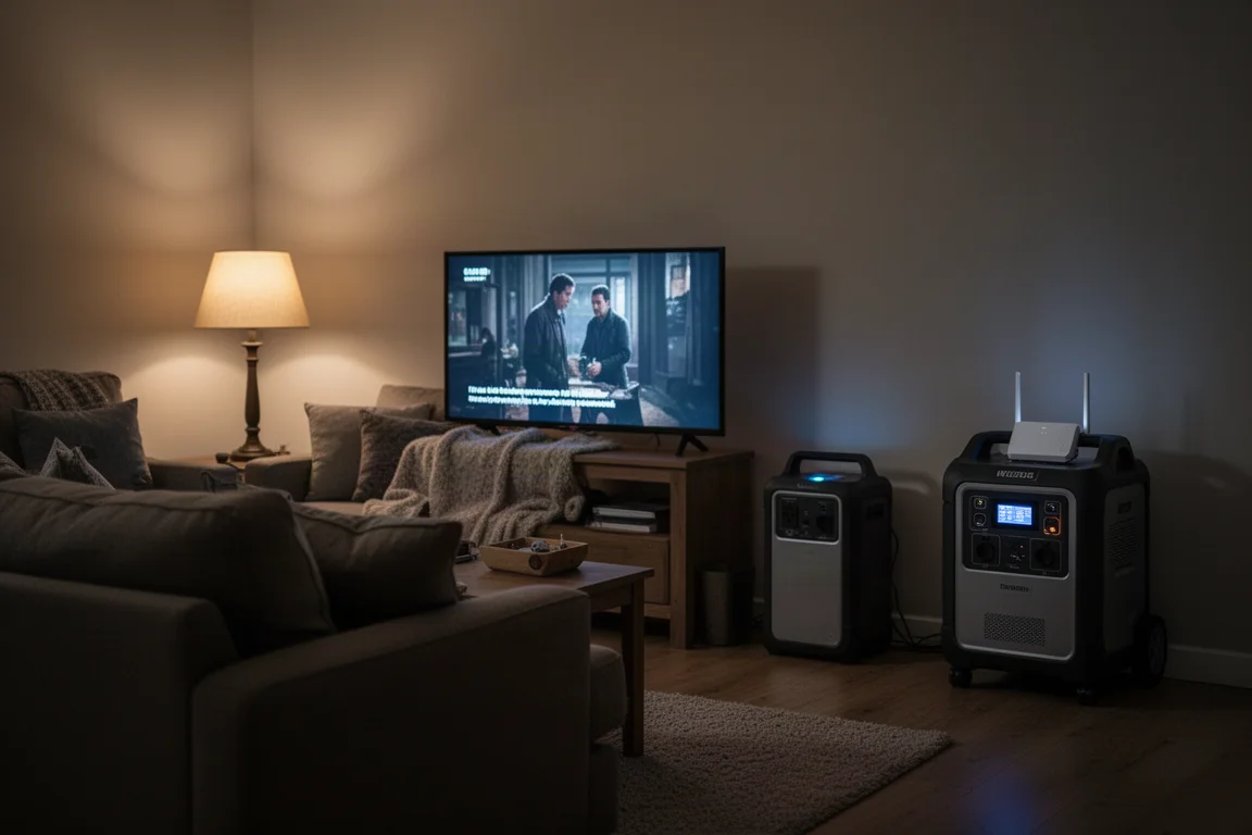 Woonkamer warm verlicht door lampen tijdens een stroomuitval in de nacht