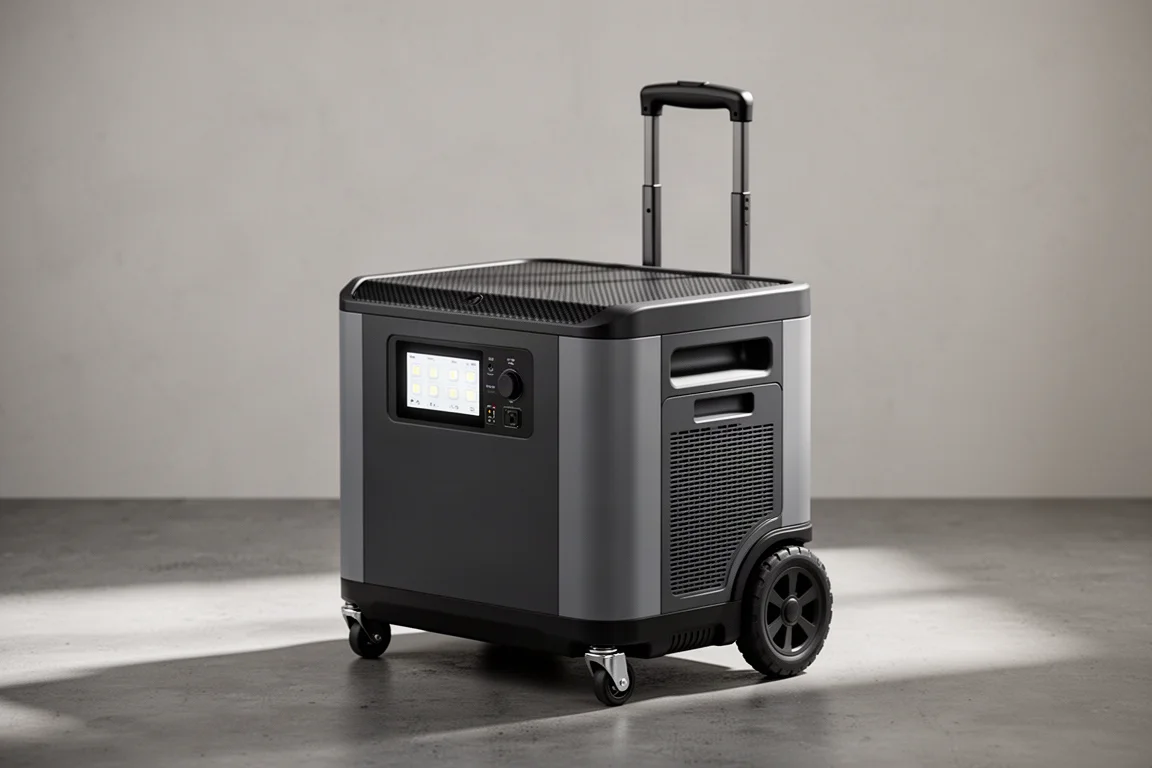 Anker Solix F3800 thuisbatterij powerstation met telescopische handgreep op betonnen vloer