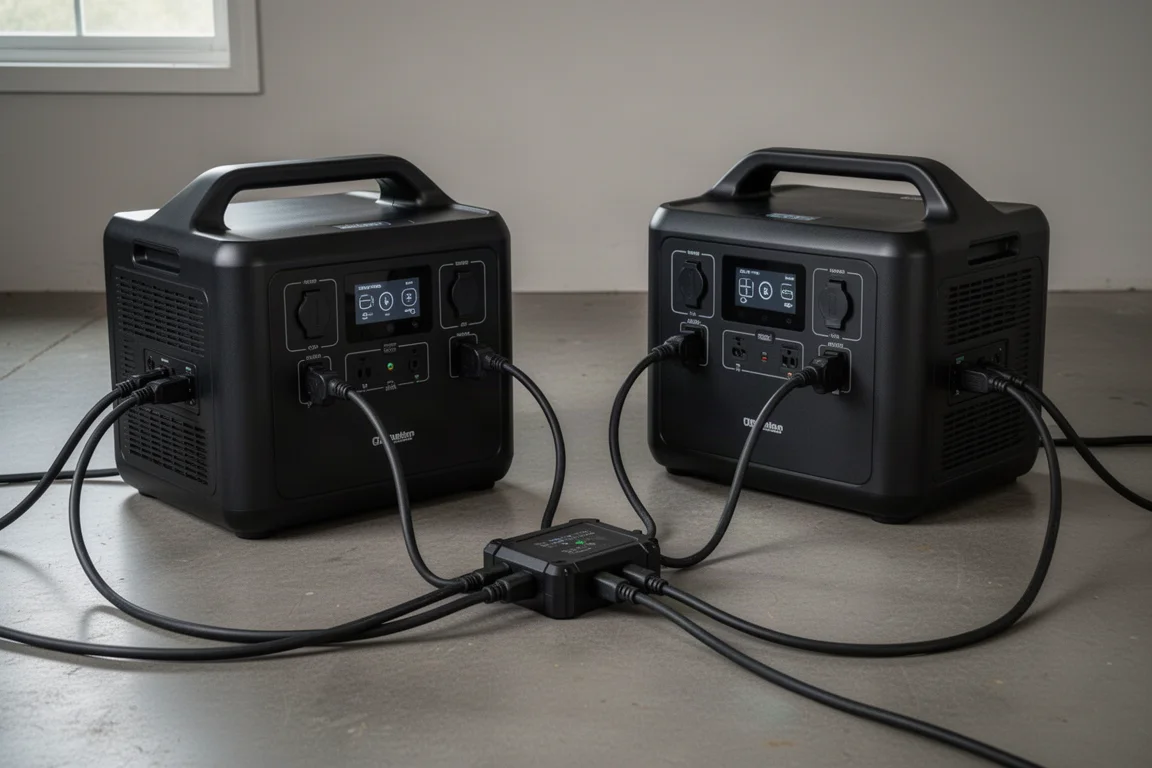 Twee draagbare powerstations verbonden met kabels op een garagevloer