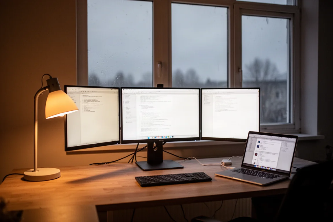 Een stille thuiswerkplek in de schemering, verlicht door warme lampen, met een draaiende desktopcomputer