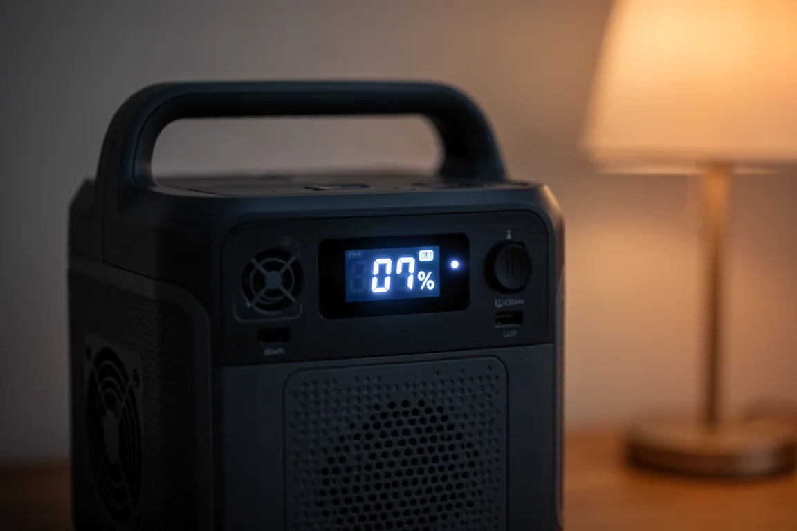 Display van een powerstation dat het resterende batterijpercentage toont in een donkere kamer