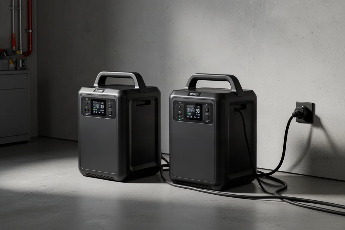 Twee grote zwarte draagbare powerstations verbonden door kabels in een technische ruimte