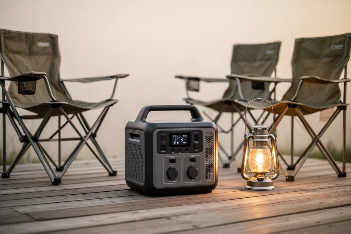 Draagbare power station op een terras met kampeeruitrusting in zacht avondlicht