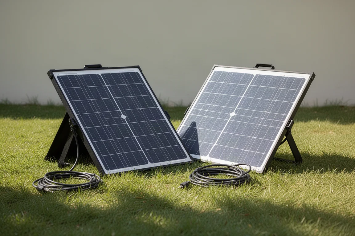 Zonnepanelen schuin op het gras in fel daglicht