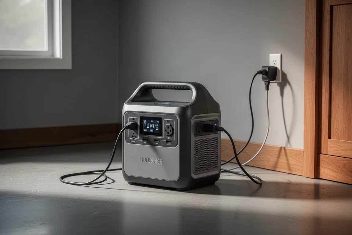 Power station verbonden met kabels op een garagevloer