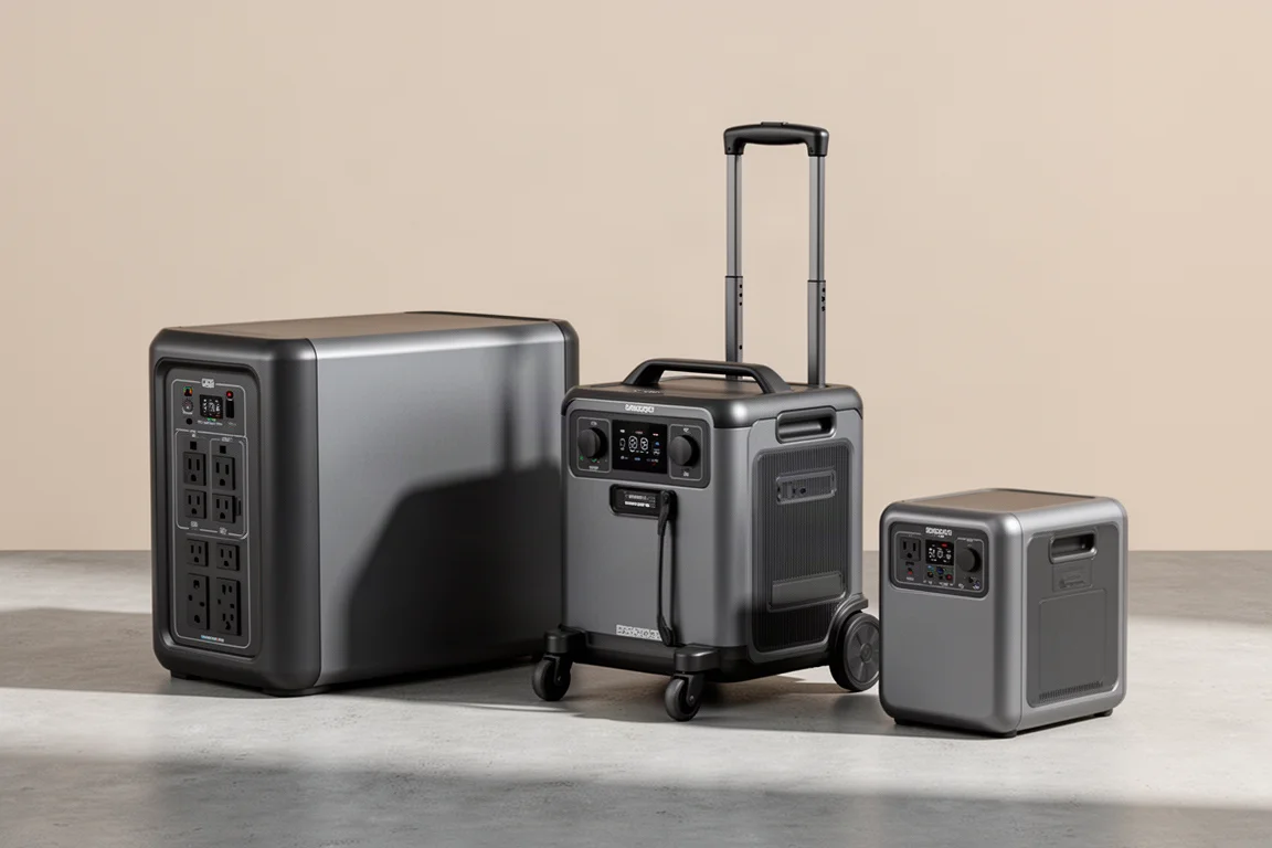 Three Anker Solix portable power stations of different sizes on a concrete surface