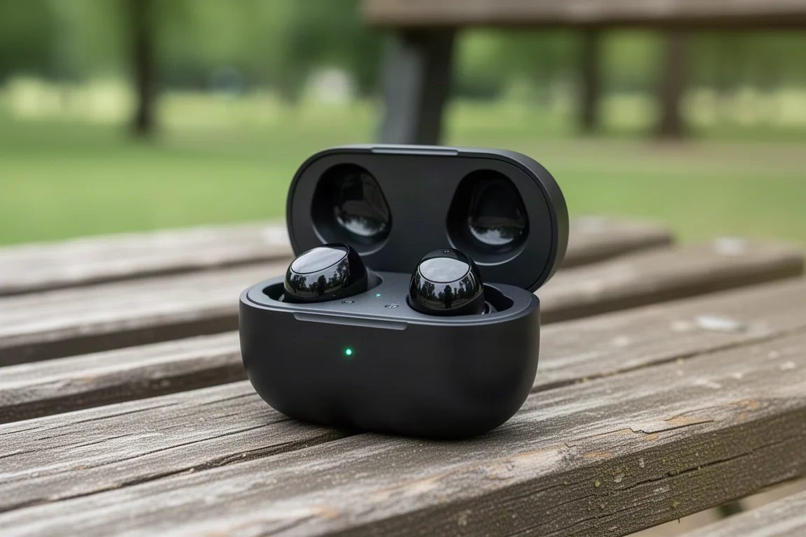 Estuche abierto de auriculares con indicadores de carga sobre un banco de madera