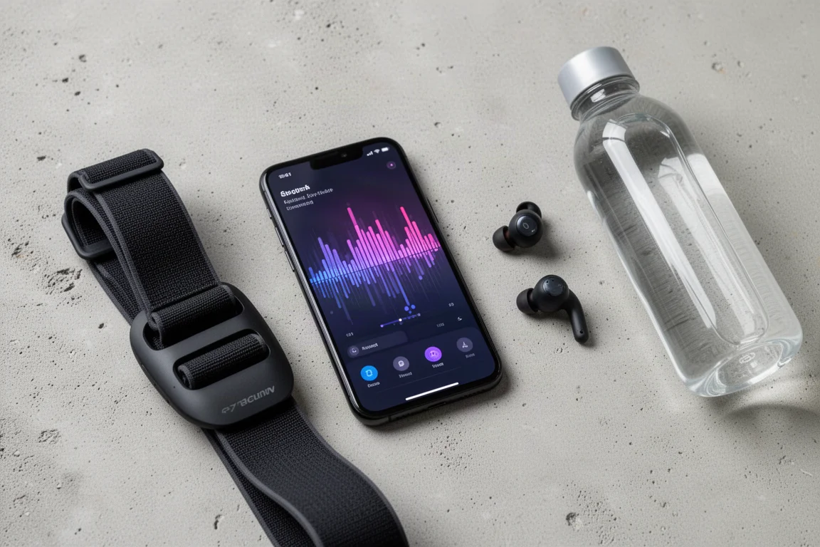Smartphone mostrando una app de personalización de audio junto a equipo de running