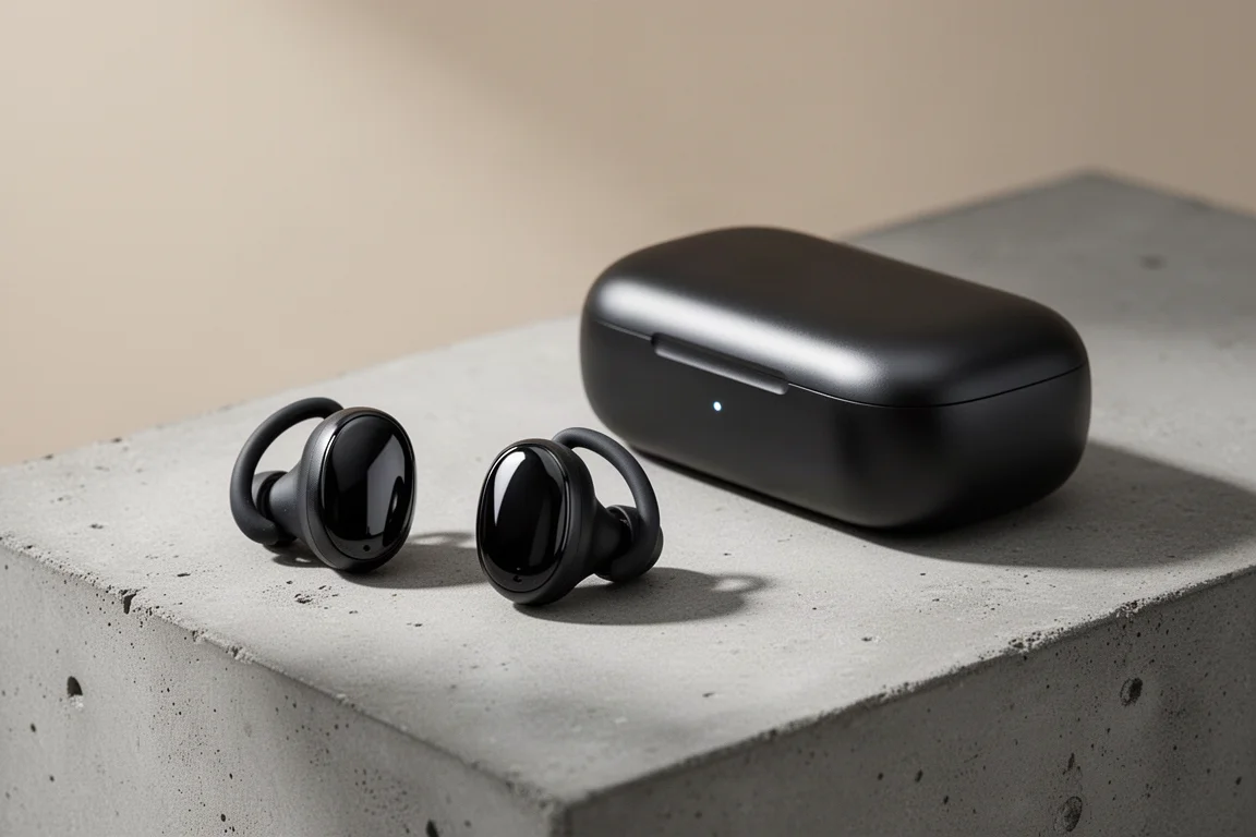 Black true wireless earbuds with silicone wing tips beside a slim charging case