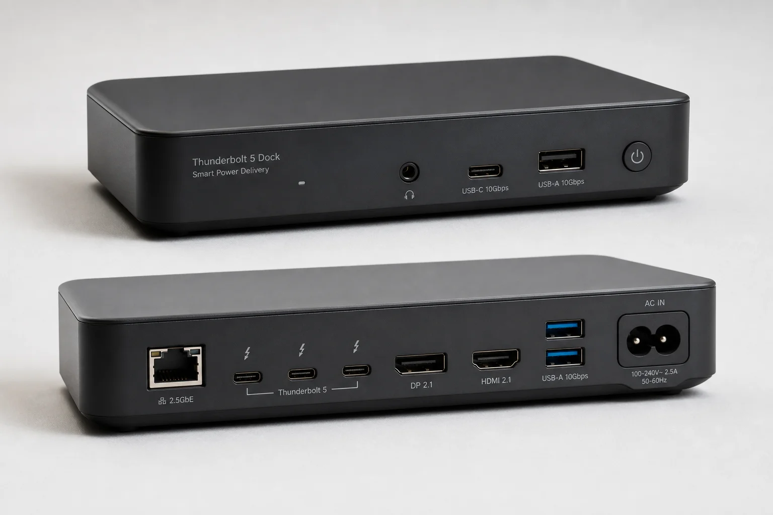 Six Thunderbolt 5 docking stations displayed on concrete surface