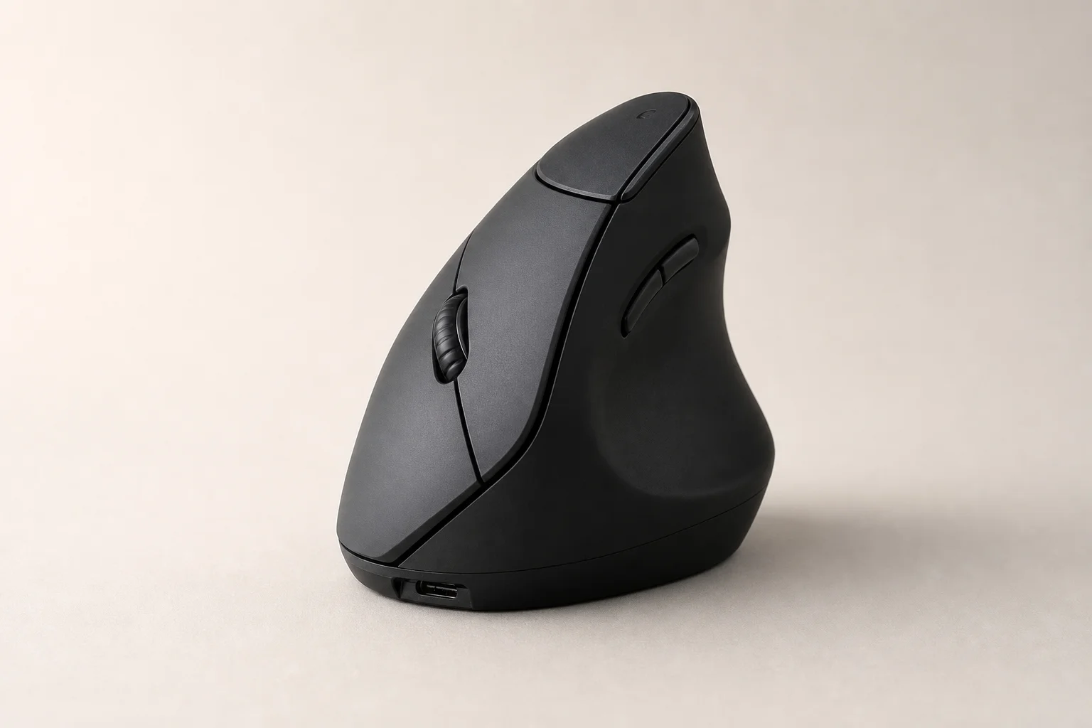 Fünf ergonomische Mäuse in verschiedenen Ausführungen auf einer Betonoberfläche angeordnet