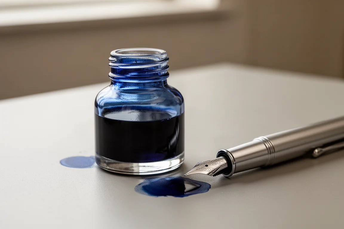 Una bottiglia di inchiostro blu per stilografica e un pennino accanto su una scrivania