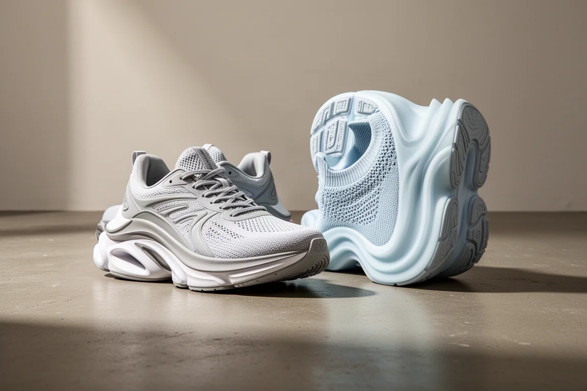 Ano Neo Vista 與 Asics A6 Super Blast 跑鞋並排置於水泥地上