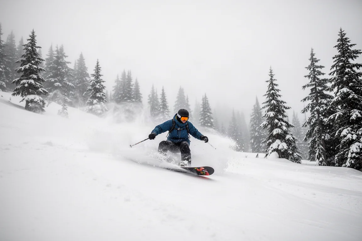 Snowboarder descendiendo por nieve polvo profunda en la ladera de una montaña
