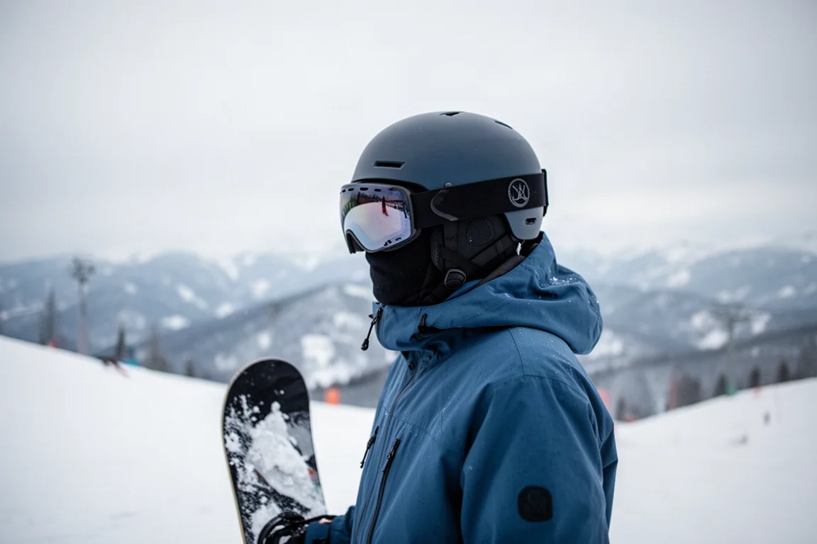 Snowboarder die zijn bril bijstelt in fel winterlicht in de bergen