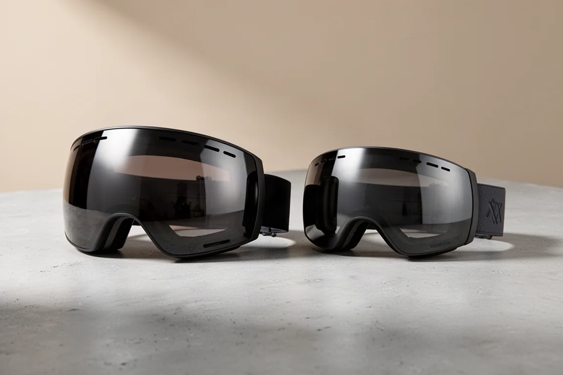 Two snowboard goggles with mirrored lenses on a concrete surface