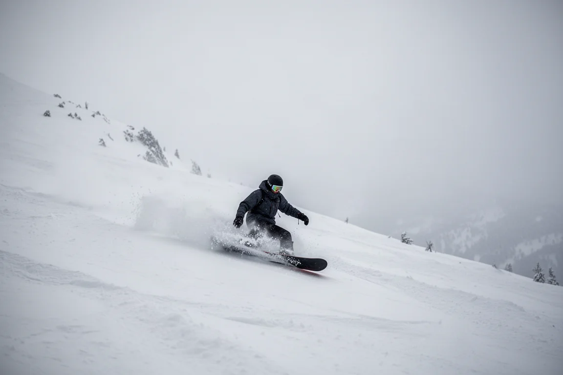 Snowboarder die door diepe sneeuw rijdt bij vlak, bewolkt licht
