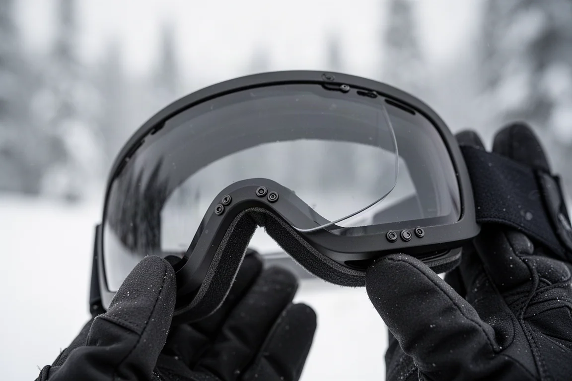 Close-up van een bril lens die gewisseld wordt met magnetische contacten