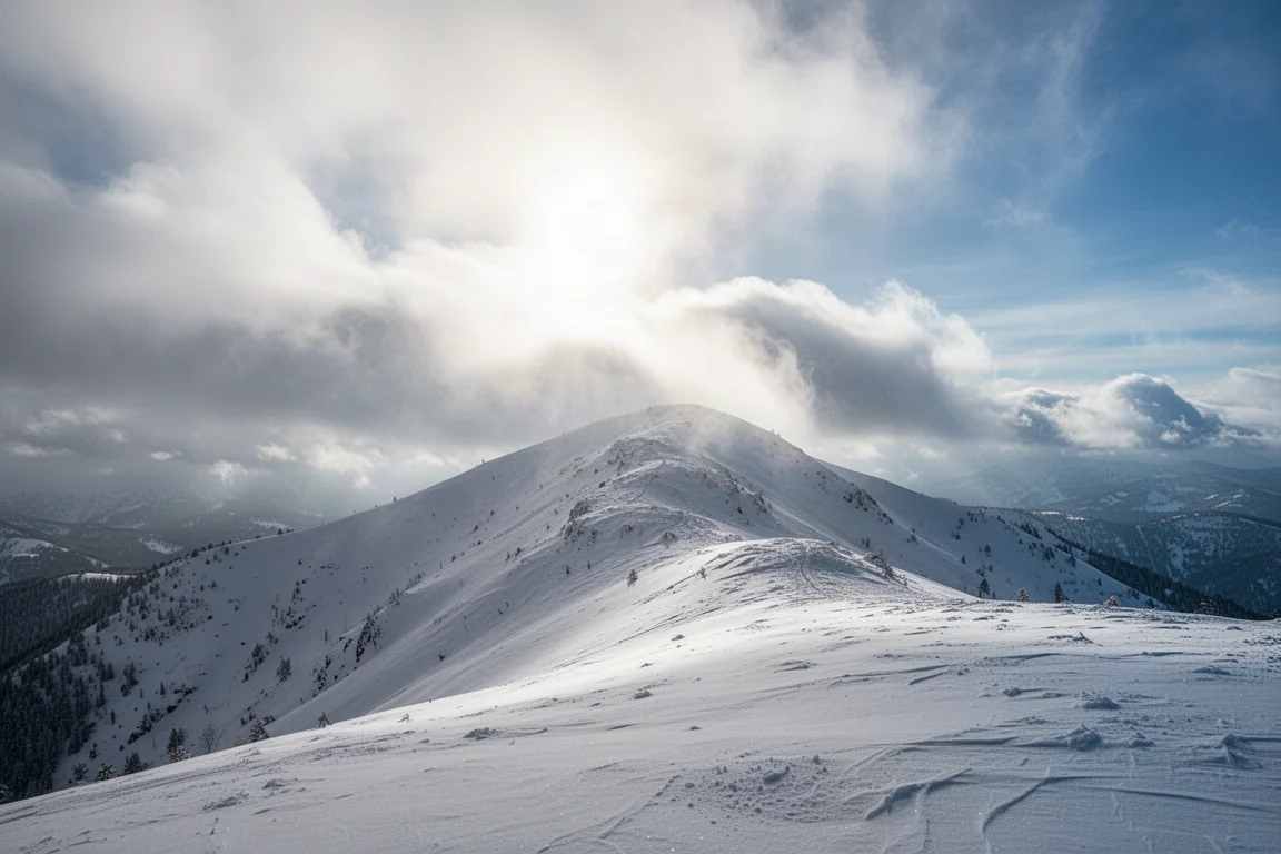 Zonlicht dat boven een besneeuwde bergrug doorbreekt