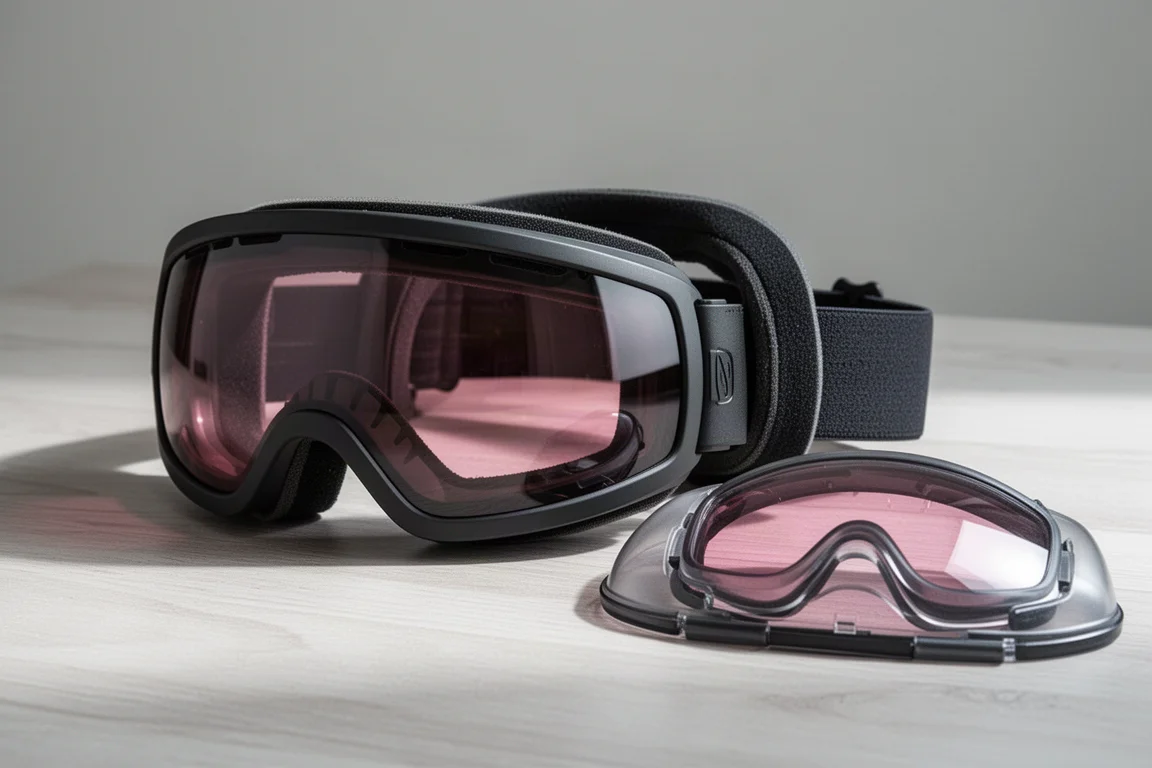 Anon M4S Snowboardbrille neben einer Ersatzscheibe im Hardcase auf einer Holzoberfläche
