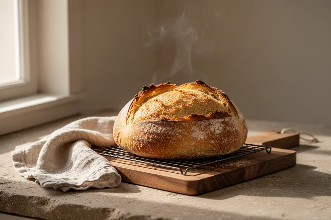 Frisch gebackenes knuspriges Brot, das auf einem Holzbrett auskühlt