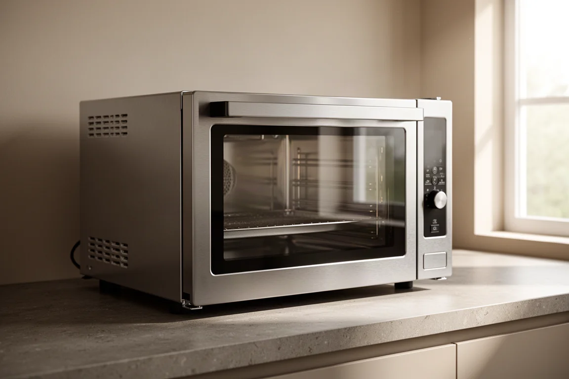 Stainless steel countertop steam oven with a clear glass door on a stone kitchen counter