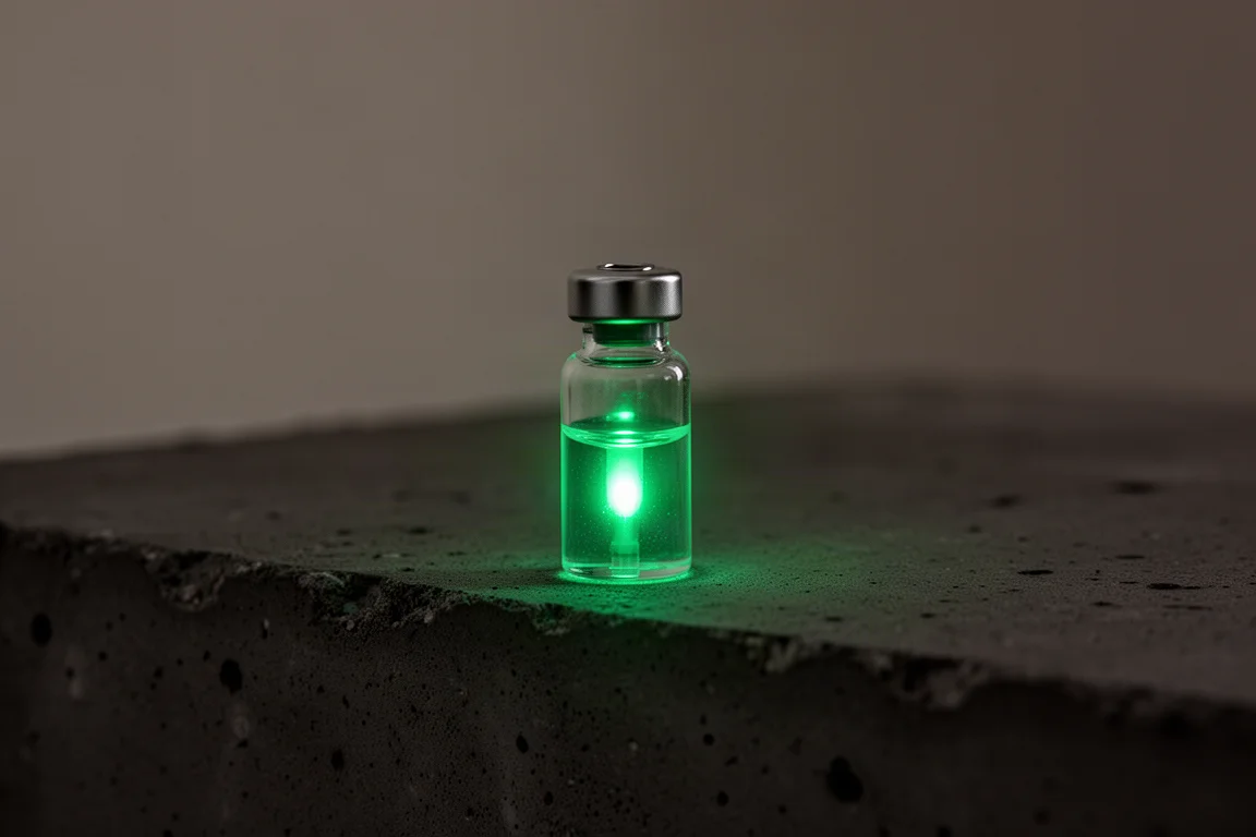 Ampolla sellada de tritio que brilla en verde suave en una habitación oscura