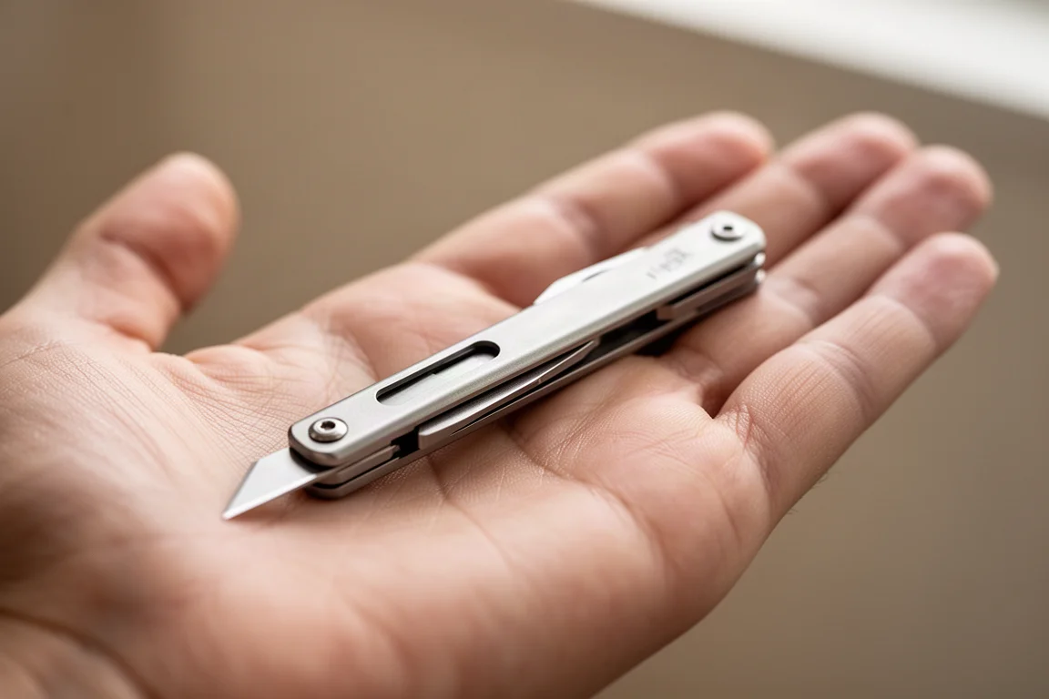 Schlüsselbundgroßes Titan-Multitool in offener Handfläche, das seine schlanke Silhouette zeigt