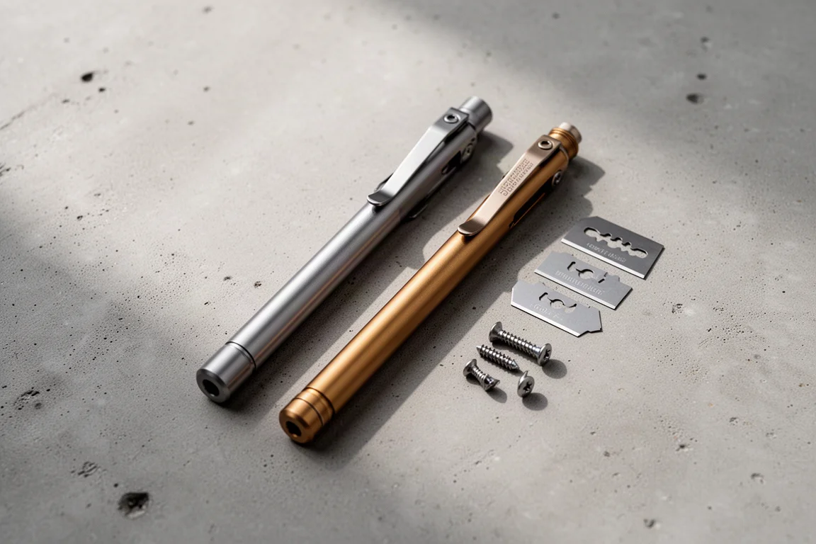 Flat-Lay zweier Titan-EDC-Werkzeuge mit Ersatzklingen und Kleinteilen auf Beton