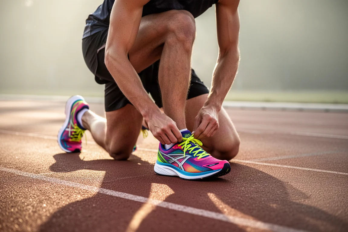 Corridore su strada che allaccia una scarpa da gara colorata su una pista illuminata dal sole
