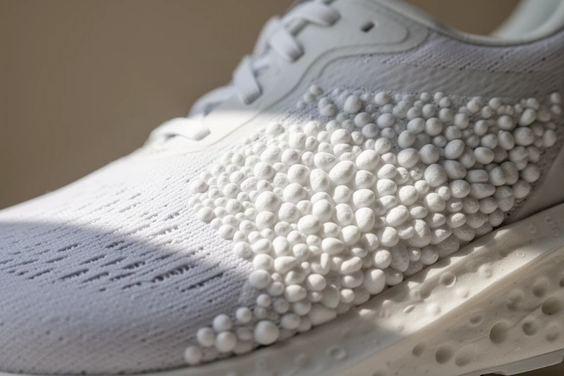 Primo piano della texture della schiuma PEBA a grani sulla medutsole di una scarpa da running