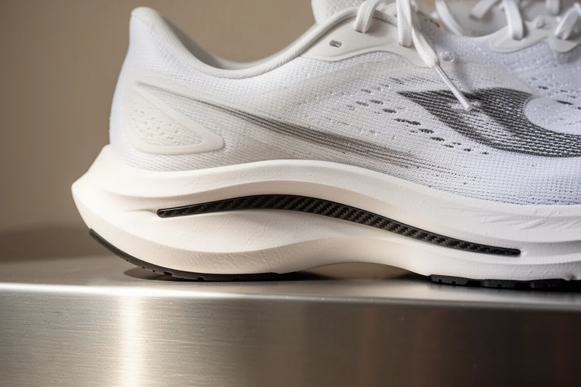 Bordo della piastra in fibra di carbonio visibile nella medutsole di una scarpa da running
