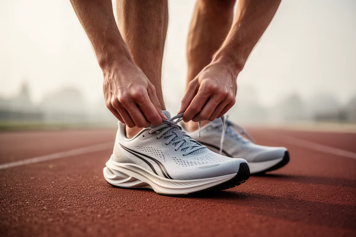 Hardloper die in het vroege ochtendlicht een lichtgewicht racingschoen drijgt op een atletiekbaan