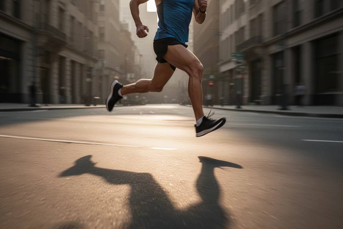 Hardloper die in een hoog tempo sprint over een lege stadsstraat bij zonsopgang