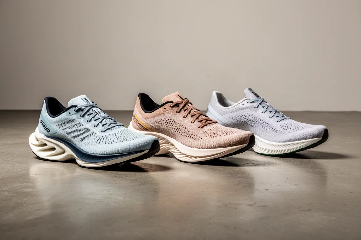 Drie wedstrijdloopschoenen naast elkaar op de vloer van een studio