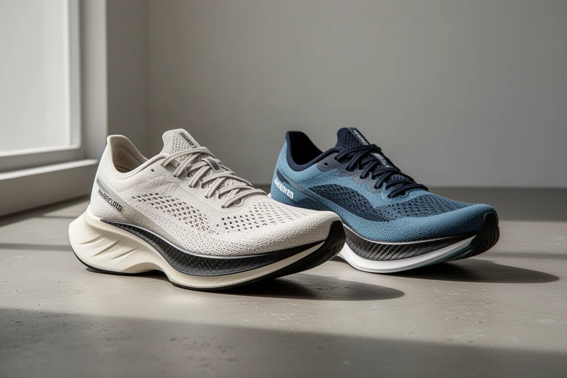 Scarpe da running con piastra in carbonio Anta C2027 e Nike Vaporfly 2 affiancate sul cemento