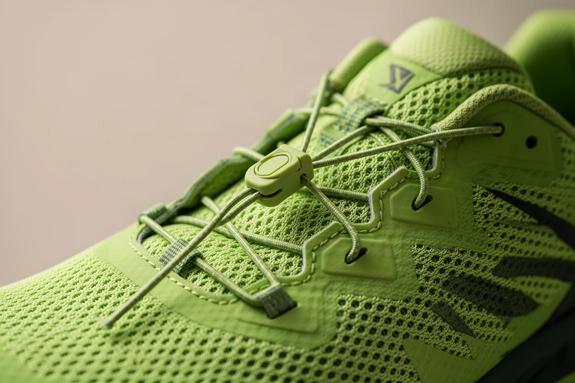 Nahaufnahme eines Schnürsenkel-Systems mit schmaler Verriegelung an einem Laufschuh