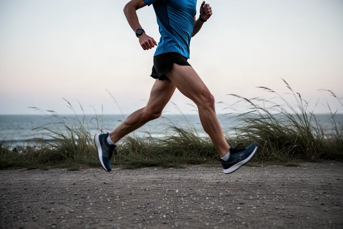 Trailrunner auf einem flachen Kiesweg in der Dämmerung bei kühler Küstenbrise