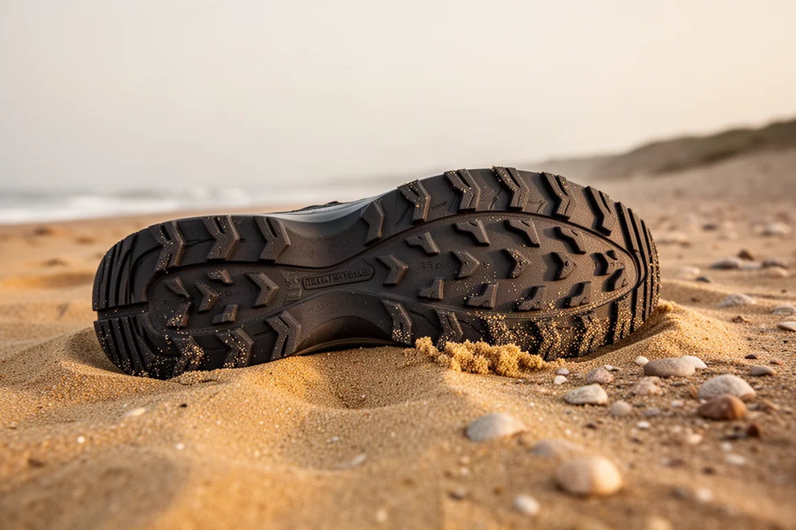 Profil des Vibram Megagrip Sohles in weichem Sand auf einem Küstenwanderweg abgedrückt