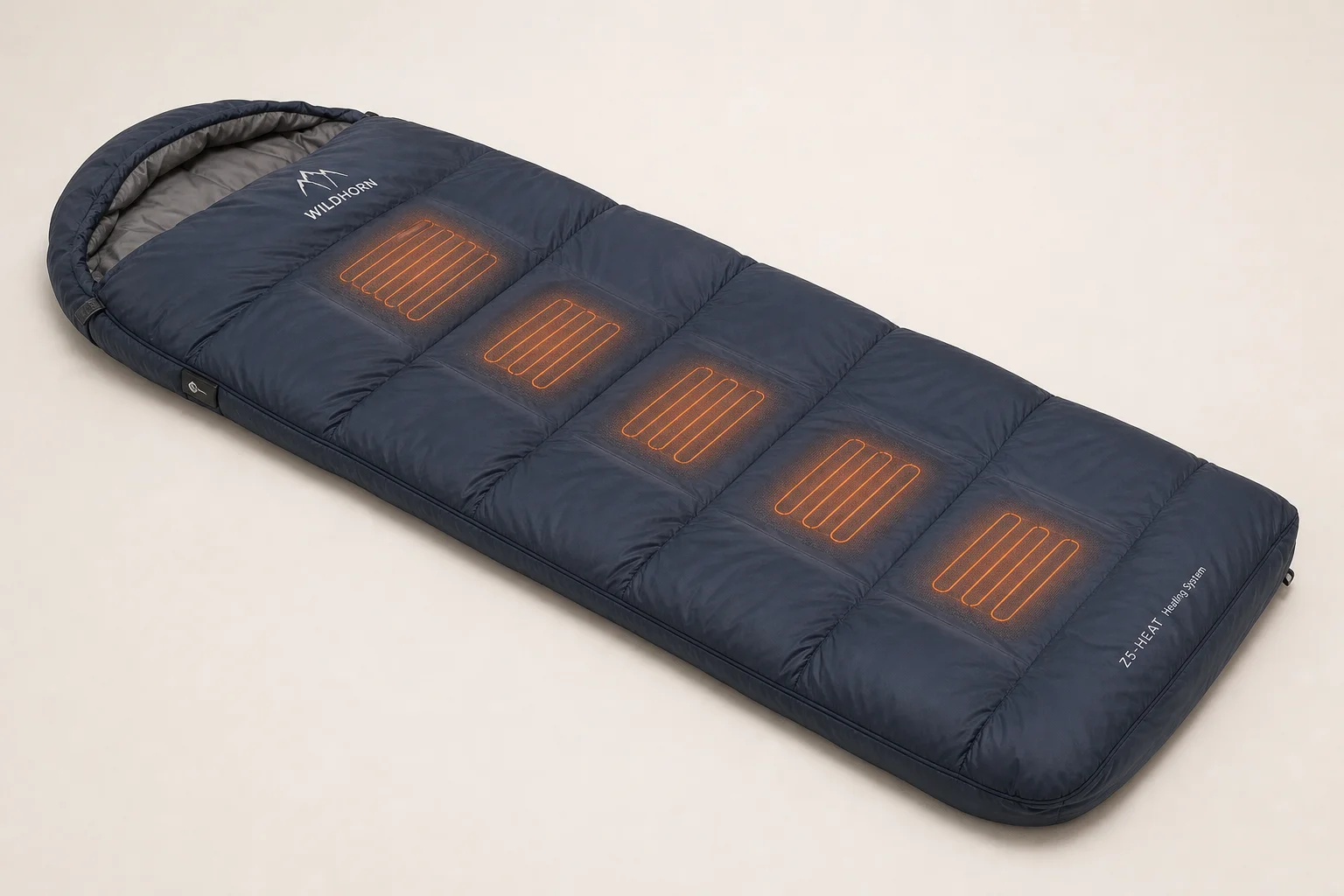 Five heated sleeping bags in various styles arranged on concrete surface