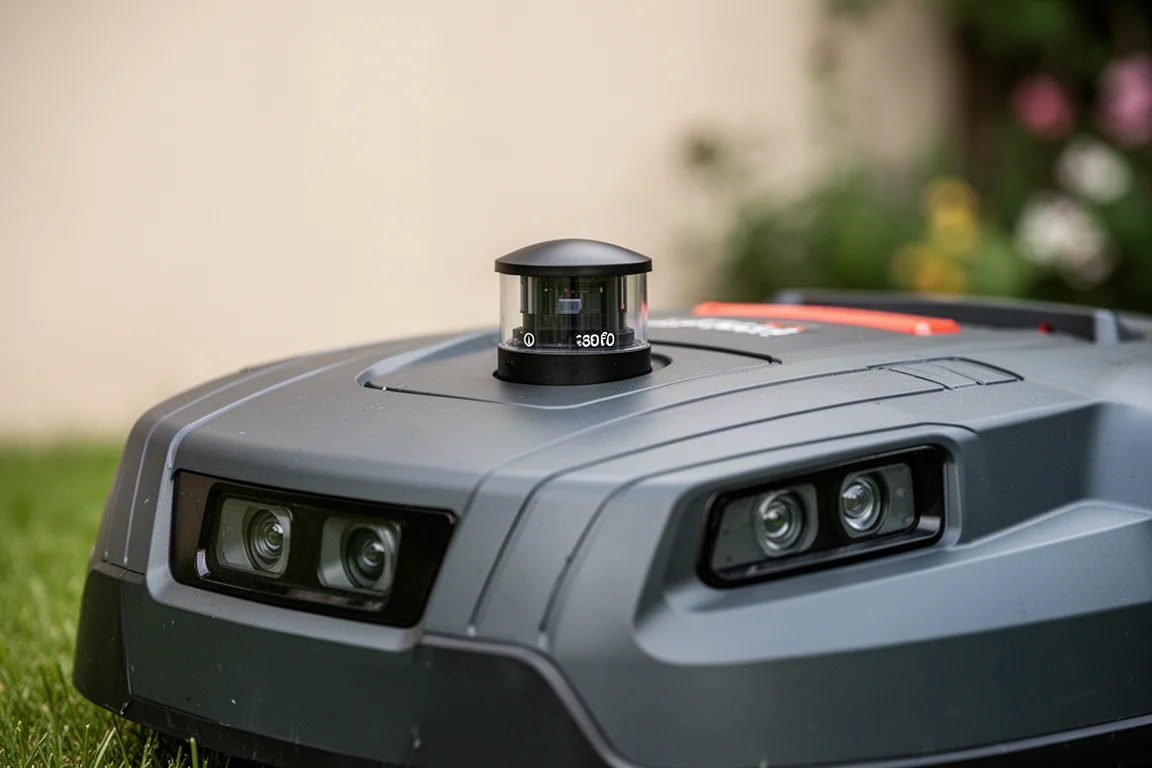 Lidar-koepel en frontcamera's van de robotmaaier in detail bekeken