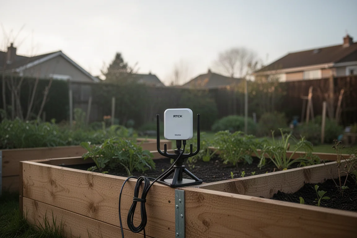 RTK-antenne gemonteerd in een verhoogde border met vrij zicht op de lucht