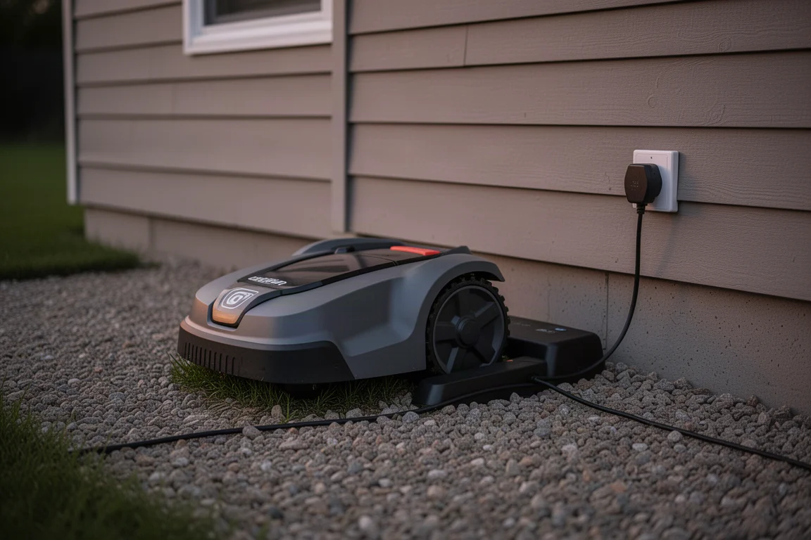Compacte robotmaaier geparkeerd op zijn laadstation naast een huisgevel