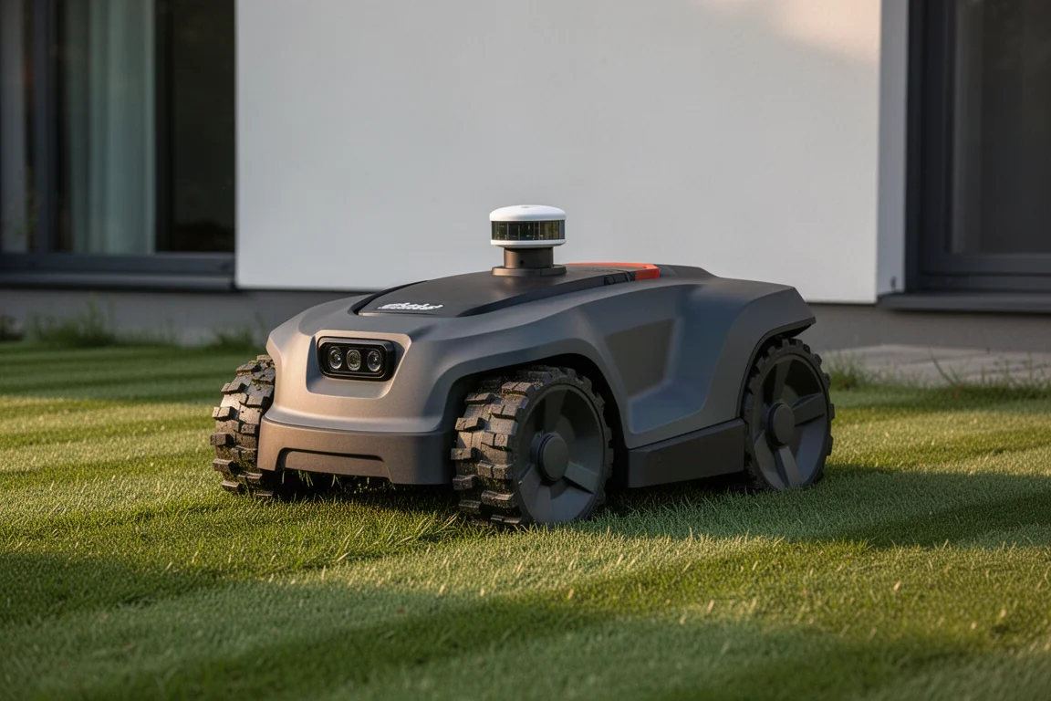 Antbot M9 Pro robot mower with lidar dome on a striped lawn