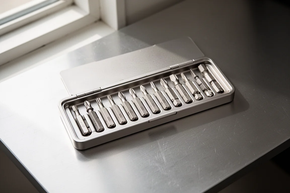 Geopende bitmodule met acht kwart-inch hex bits die door magneten worden vastgehouden