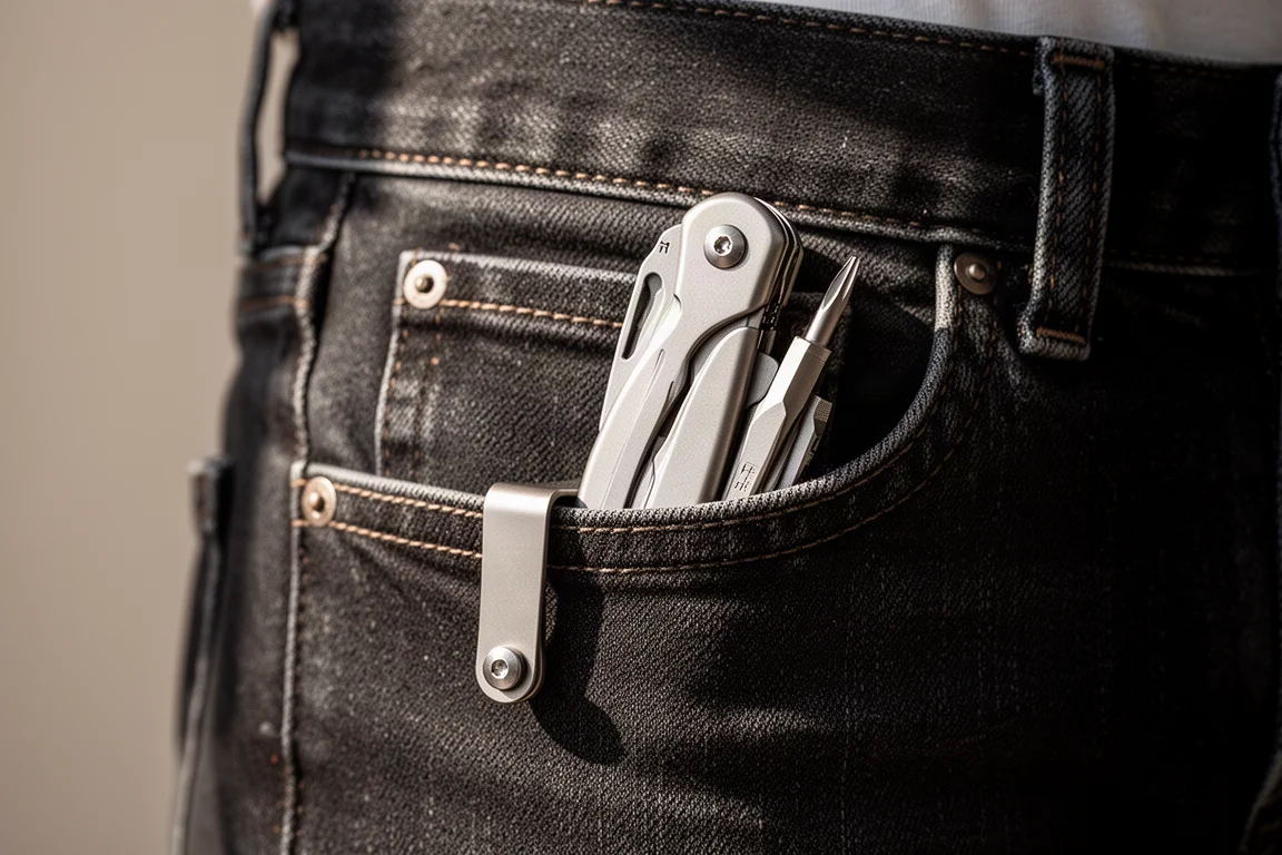 Titanium schroevendraaier aan de binnenzijde van een zak geclipt, met zichtbare clip