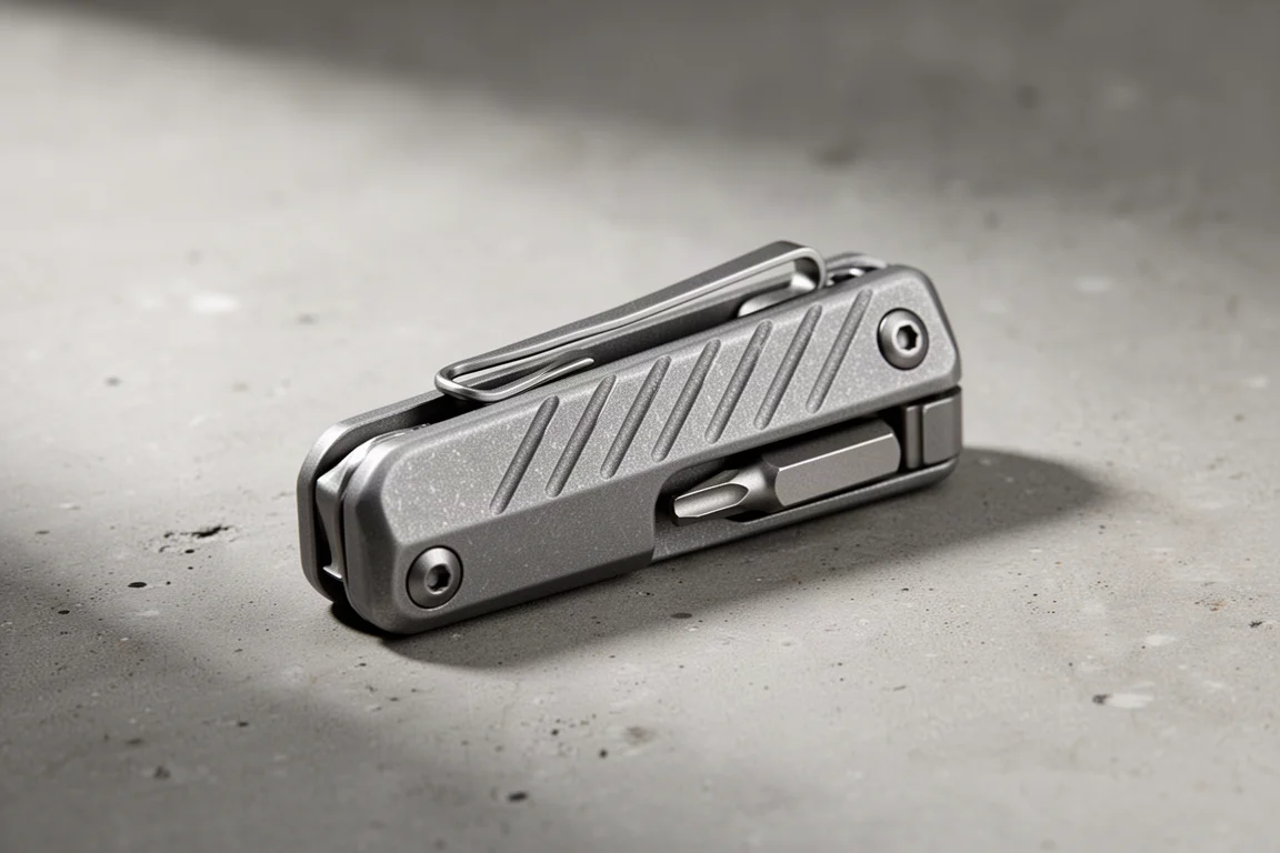 Antdesign Apex titanium vouwbare schroevendraaier half geopend op een betonnen oppervlak