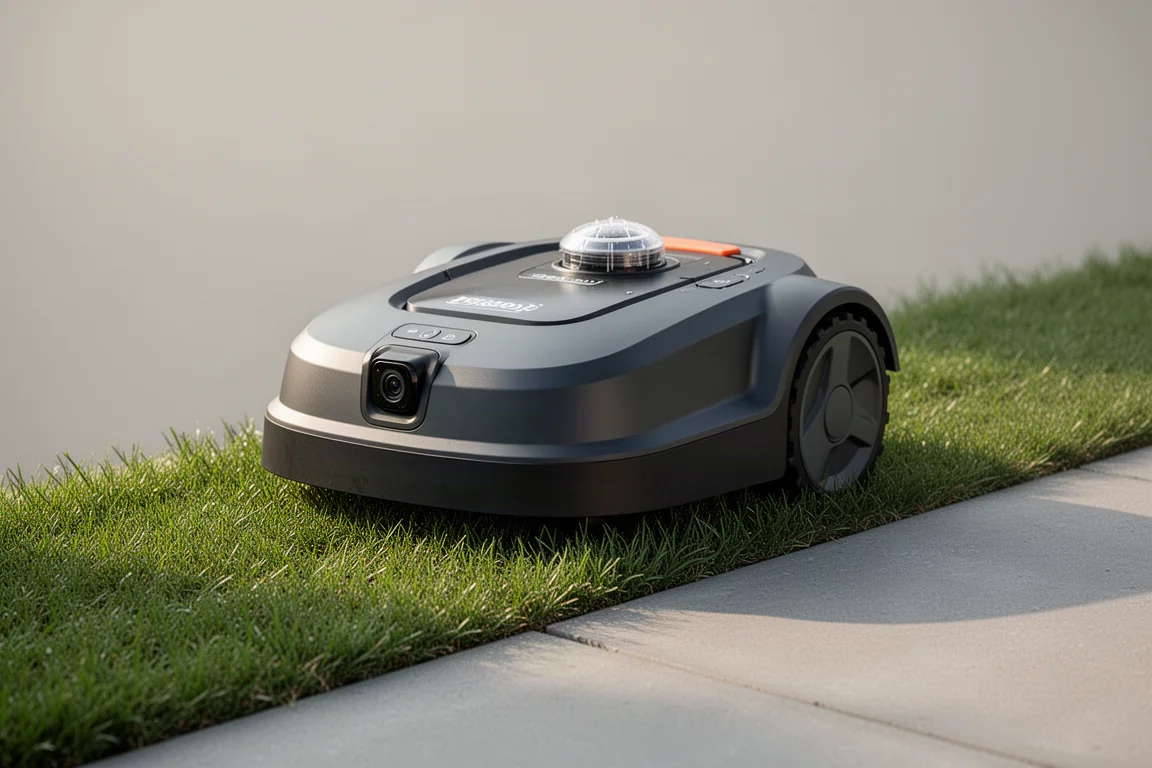 Compacte robotmaaier op een geknipte gazonsrand naast een betonnen pad