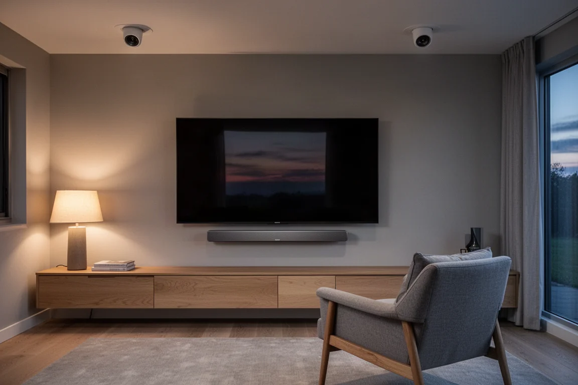 Wohnzimmer-Heimkino mit wandmontiertem Fernseher, passiver Soundbar und Deckenlautsprechern